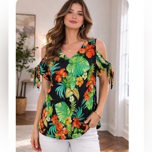 SIGNATURE COLLECTION  Tropical Floral Tie-Sleeve Top L NWOT